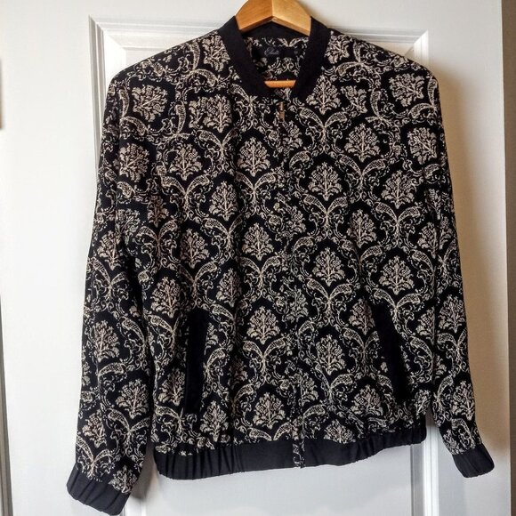 Elodie Black Tan Damask Zip Front Bomber Jacket - Picture 1 of 5